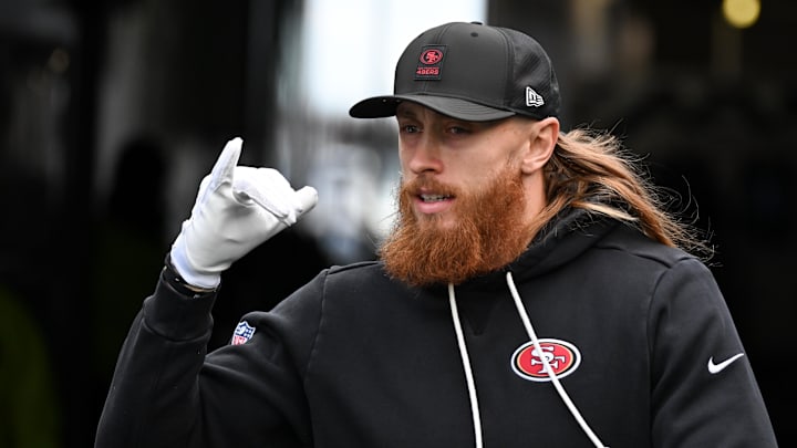 Jan 11, 2026; Philadelphia, PA, USA; San Francisco 49ers tight end George Kittle (85) looks on during warmups prior to an NFC Wild Card Round game against the Philadelphia Eagles at Lincoln Financial Field. Mandatory Credit: Eric Hartline-Imagn Images