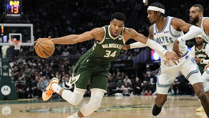 Feb 8, 2024; Milwaukee, Wisconsin, USA; Milwaukee Bucks forward Giannis Antetokounmpo (34) drives for the basket against Minnesota Timberwolves forward Jaden McDaniels (3) during the third quarter at Fiserv Forum. Mandatory Credit: Jeff Hanisch-Imagn Images Feb 8, 2024; Milwaukee, Wisconsin, USA; Milwaukee Bucks forward Giannis Antetokounmpo (34) drives for the basket against Minnesota Timberwolves forward Jaden McDaniels (3) during the third quarter at Fiserv Forum. Mandatory Credit: Jeff Hanisch-Imagn Images