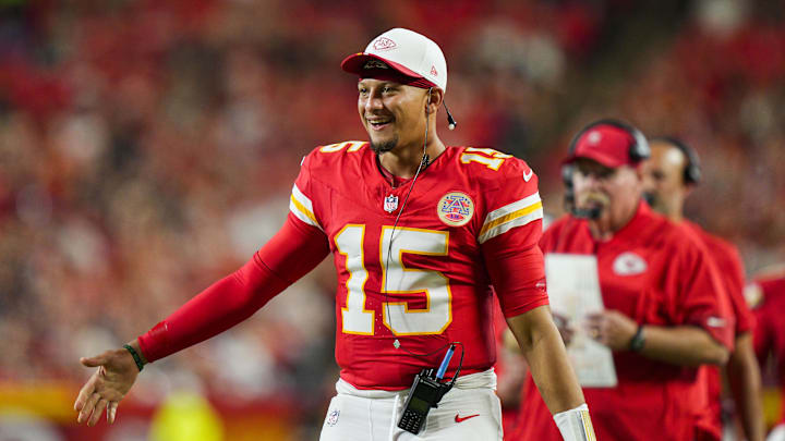 Aug 22, 2025; Kansas City, Missouri, USA; Kansas City Chiefs quarterback Patrick Mahomes (15) reacts after a touchdown during the second half against the Chicago Bears at GEHA Field at Arrowhead Stadium. Mandatory Credit: Jay Biggerstaff-Imagn Images Aug 22, 2025; Kansas City, Missouri, USA; Kansas City Chiefs quarterback Patrick Mahomes (15) reacts after a touchdown during the second half against the Chicago Bears at GEHA Field at Arrowhead Stadium. Mandatory Credit: Jay Biggerstaff-Imagn Images
