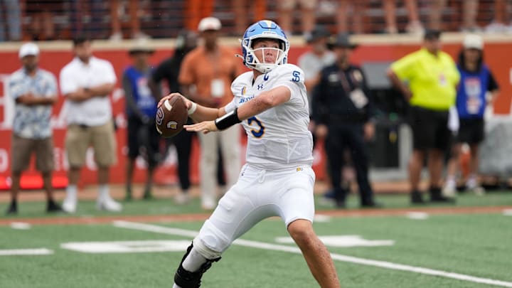Sep 6, 2025; Austin, Texas, USA; San Jose State Spartans quarterback Walker Eget (5) passes the ball during the first half against the Texas Longhorns at Darrell K Royal-Texas Memorial Stadium. Mandatory Credit: Scott Wachter-Imagn Images