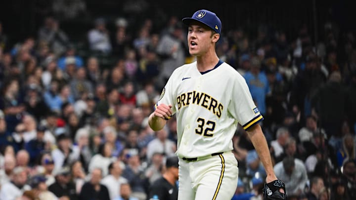 Mar 26, 2026; Milwaukee, Wisconsin, USA; Milwaukee Brewers starting pitcher Jacob Misiorowski (32) reacts after retiring the side in the fourth inning against the Chicago White Sox at American Family Field. Misiorowski picked up the win.  Mandatory Credit: Benny Sieu-Imagn Images