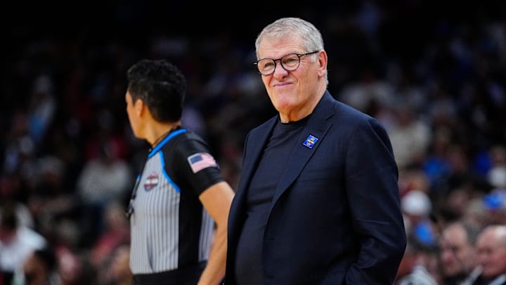 Connecticut head coach Geno Auriemma reacts to a South Carolina basket at Mortgage Matchup Center during the Women's Final Four in Phoenix on April 3, 2026.