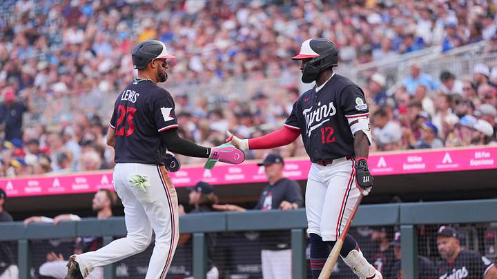 Aug 11, 2026; Minneapolis, Minnesota, USA; Minnesota Twins first baseman Royce Lewis (23) celebrates his run with shortstop Kaelen Culpepper (12) against the Baltimore Orioles in the second inning at Target Field. Mandatory Credit: Brad Rempel-Imagn Images Aug 11, 2026; Minneapolis, Minnesota, USA; Minnesota Twins first baseman Royce Lewis (23) celebrates his run with shortstop Kaelen Culpepper (12) against the Baltimore Orioles in the second inning at Target Field. Mandatory Credit: Brad Rempel-Imagn Images