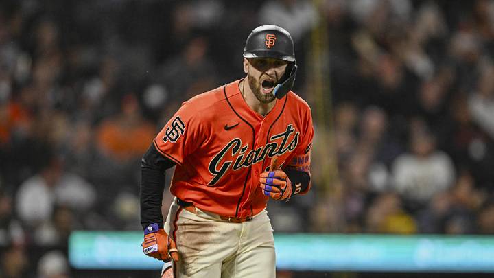 Jun 26, 2026; San Francisco, California, USA; San Francisco Giants left fielder Casey Schmitt (10) reacts after grounding out with the bases loaded to end the bottom of the fifth inning against the Atlanta Braves at Oracle Park. Mandatory Credit: Justine Willard-Imagn Images