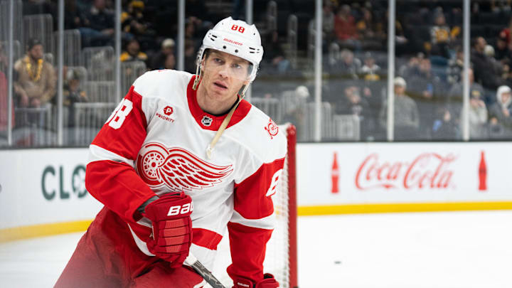 Jan 13, 2026; Boston, Massachusetts, USA; Detroit Red Wings right-winger Patrick Kane (88) skates during warm ups before a game against the Boston Bruins at TD Garden. Mandatory Credit: Natalie Reid-Imagn Images