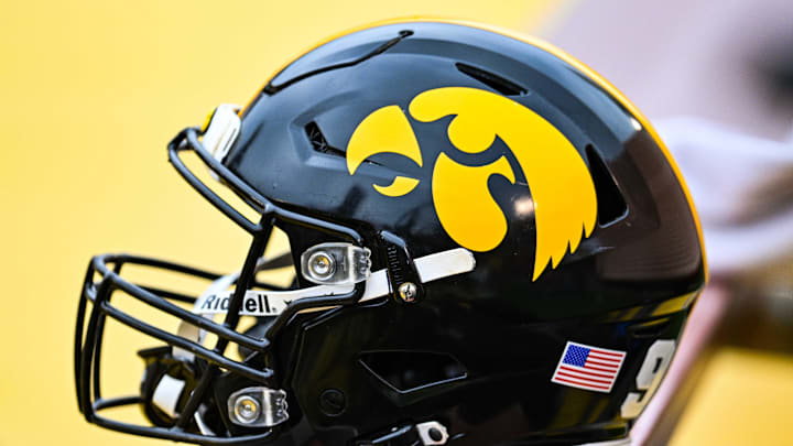 Sep 9, 2023; Ames, Iowa, USA; An Iowa Hawkeyes helmet sits ready during the game between the Iowa State Cyclones and the Iowa Hawkeyes at Jack Trice Stadium. Mandatory Credit: Jeffrey Becker-Imagn Images