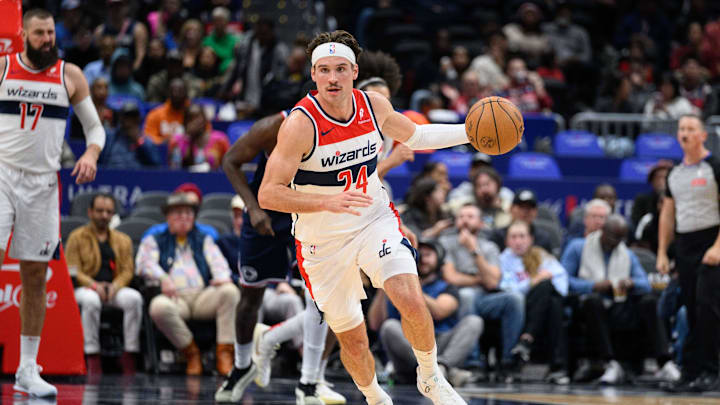Nov 27, 2024; Washington, District of Columbia, USA; Washington Wizards forward Corey Kispert (24) dribbles the ball up the court during the second quarter against the LA Clippers at Capital One Arena. Mandatory Credit: Reggie Hildred-Imagn Images Nov 27, 2024; Washington, District of Columbia, USA; Washington Wizards forward Corey Kispert (24) dribbles the ball up the court during the second quarter against the LA Clippers at Capital One Arena. Mandatory Credit: Reggie Hildred-Imagn Images