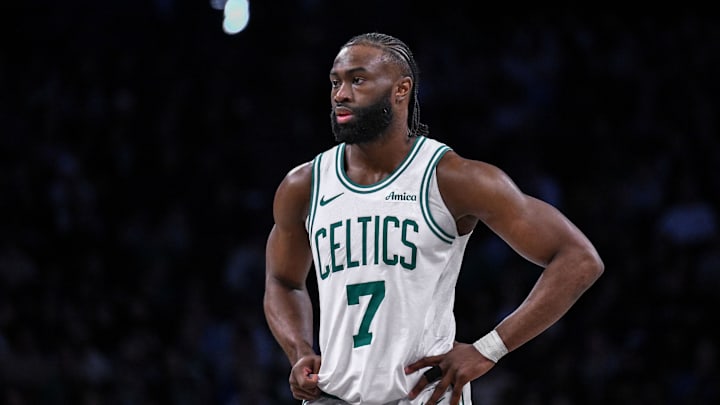 Mar 15, 2025; Brooklyn, New York, USA; Boston Celtics guard Jaylen Brown (7) during a game against the Brooklyn Nets at Barclays Center. Mandatory Credit: John Jones-Imagn Images