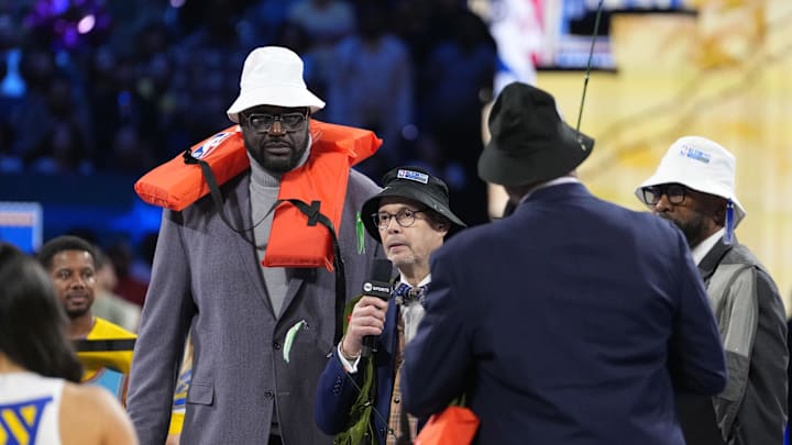 February 16, 2025; San Francisco, CA, USA; Shaq’s OGs general manager Shaquille O’Neal and broadcaster Ernie Johnson during a break in the game against Chuck’s Global Stars during the 2025 NBA All Star Game at Chase Center. Mandatory Credit: Kyle Terada-Imagn ImagesBlaz