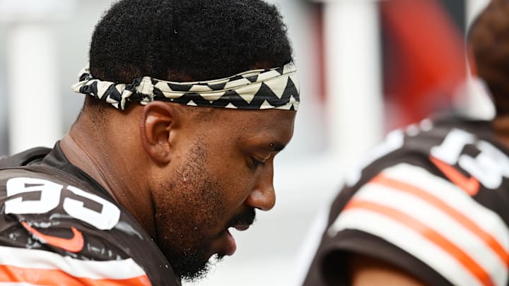 Sep 22, 2024; Cleveland, Ohio, USA; Cleveland Browns defensive end Myles Garrett (95) sits on the bench during the second half against the New York Giants at Huntington Bank Field. Mandatory Credit: Ken Blaze-Imagn Images