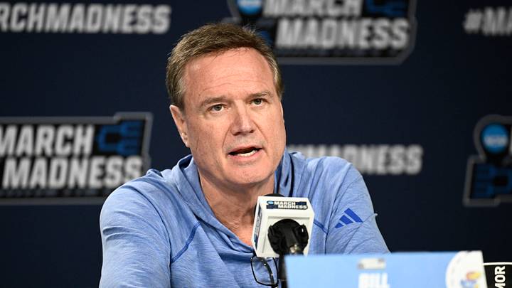 Mar 19, 2026; San Diego, CA, USA; Kansas Jayhawks head coach Bill Self speaks at a press conference ahead of the first round of the men's 2026 NCAA Tournament at Viejas Arena. Mandatory Credit: Denis Poroy-Imagn Images