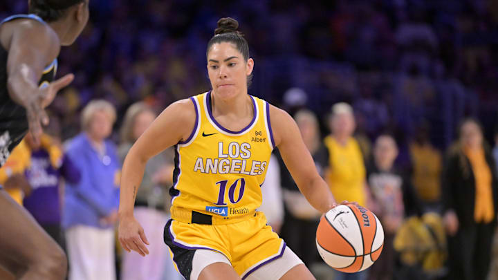 Los Angeles Sparks guard Kelsey Plum (10) handles the ball in the first half against the Chicago Sky at Crypto.com Arena. 