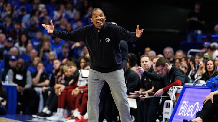 Feb 8, 2025; Lexington, Kentucky, USA; South Carolina Gamecocks head coach Lamont Paris reacts to the game during the first half against the Kentucky Wildcats at Rupp Arena at Central Bank Center. Mandatory Credit: Jordan Prather-Imagn Images
