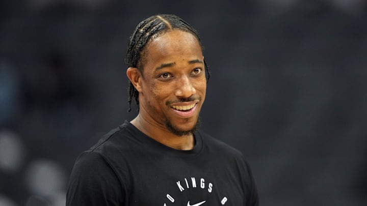 Apr 11, 2025; Sacramento, California, USA; Sacramento Kings forward DeMar DeRozan (10) stands on the court before the game against the Los Angeles Clippers at Golden 1 Center. Mandatory Credit: Darren Yamashita-Imagn Images