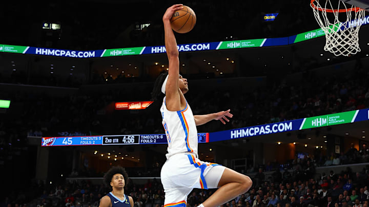 Mar 5, 2025; Memphis, Tennessee, USA; Oklahoma City Thunder forward Ousmane Dieng (13) dunks during the second quarter against the Memphis Grizzlies at FedExForum. Mandatory Credit: Petre Thomas-Imagn Images
