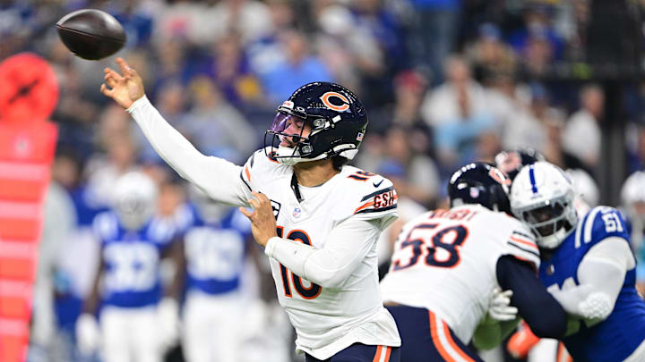 Sep 22, 2024; Indianapolis, Indiana, USA; Chicago Bears quarterback Caleb Williams (18) throws the ball during the first quarter against the Indianapolis Colts at Lucas Oil Stadium.