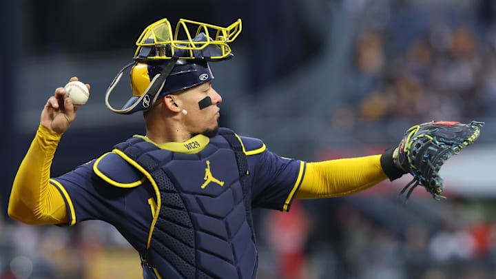 Sep 6, 2025; Pittsburgh, Pennsylvania, USA;  Milwaukee Brewers catcher William Contreras (24) returns the ball to the pitcher against the Pittsburgh Pirates during the fourth inning at PNC Park. Mandatory Credit: Charles LeClaire-Imagn Images