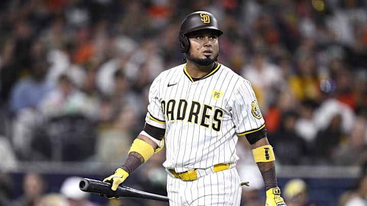 Sep 16, 2024; San Diego, California, USA; San Diego Padres designated hitter Luis Arraez (4) looks on after striking out to end the second inning against the Houston Astros at Petco Park. Mandatory Credit: Orlando Ramirez-Imagn Images