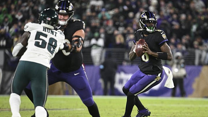 Dec 1, 2024; Baltimore, Maryland, USA;Baltimore Ravens quarterback Lamar Jackson (8) looks to pass during the first half against the Philadelphia Eagles at M&T Bank Stadium. Mandatory Credit: Tommy Gilligan-Imagn Images Dec 1, 2024; Baltimore, Maryland, USA;Baltimore Ravens quarterback Lamar Jackson (8) looks to pass during the first half against the Philadelphia Eagles at M&T Bank Stadium. Mandatory Credit: Tommy Gilligan-Imagn Images