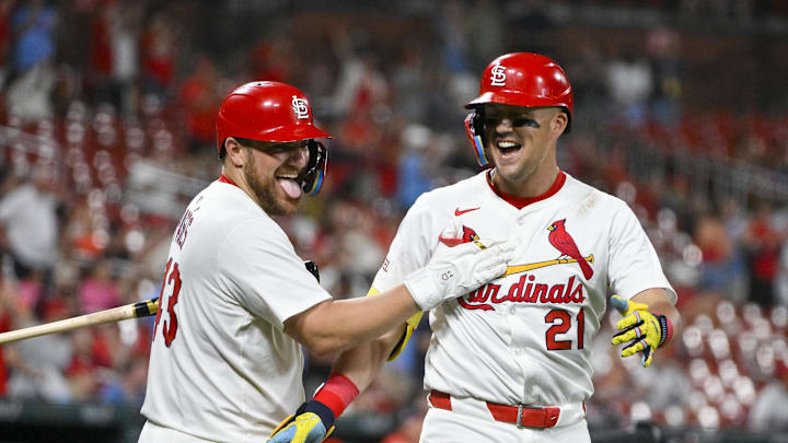 Jul 8, 2025; St. Louis, Missouri, USA; St. Louis Cardinals right fielder Lars Nootbaar (21) celebrates with catcher Pedro Pages (43) after hitting a solo home run against the Washington Nationals during the sixth inning at Busch Stadium. Mandatory Credit: Jeff Curry-Imagn Images Jul 8, 2025; St. Louis, Missouri, USA; St. Louis Cardinals right fielder Lars Nootbaar (21) celebrates with catcher Pedro Pages (43) after hitting a solo home run against the Washington Nationals during the sixth inning at Busch Stadium. Mandatory Credit: Jeff Curry-Imagn Images