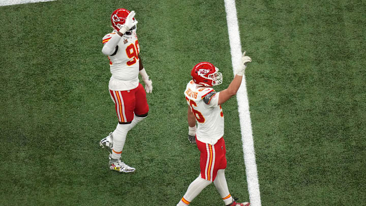 Feb 9, 2025; New Orleans, LA, USA; Kansas City Chiefs defensive end George Karlaftis (56) reacts after a play against the Philadelphia Eagles during the second quarter in Super Bowl LIX at Caesars Superdome. Mandatory Credit: Kirby Lee-Imagn Images