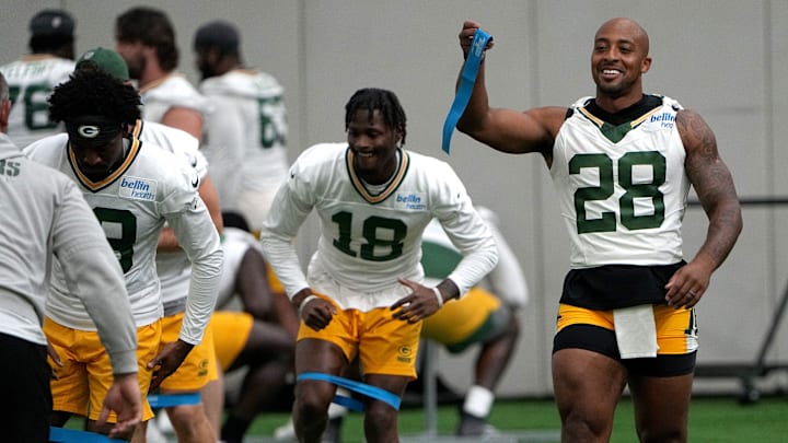 Green Bay Packers running back AJ Dillon (28) is shown during the team’s mini camp Tuesday, June 11, 2024, in Green Bay, Wisconsin. Green Bay Packers running back AJ Dillon (28) is shown during the team’s mini camp Tuesday, June 11, 2024, in Green Bay, Wisconsin.