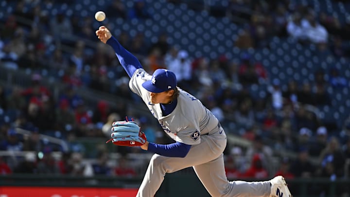 Apr 9, 2025; Washington, District of Columbia, USA; Los Angeles Dodgers pitcher Landon Knack (96) throws to the Washington Nationals during the first inning at Nationals Park. Mandatory Credit: Brad Mills-Imagn Images Apr 9, 2025; Washington, District of Columbia, USA; Los Angeles Dodgers pitcher Landon Knack (96) throws to the Washington Nationals during the first inning at Nationals Park. Mandatory Credit: Brad Mills-Imagn Images