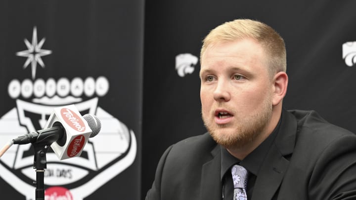 Jul 9, 2024; Las Vegas, NV, USA; Kansas State offensive line Hadley Panzer speaks to the media during the Big 12 Media Days at Allegiant Stadium. Mandatory Credit: Candice Ward-USA TODAY Sports