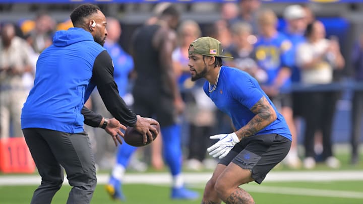 Nov 2, 2025; Inglewood, California, USA;   Aubrey Pleasant, assistant head coach/pass game coordinator works with Los Angeles Rams cornerback Cobie Durant (14) prior to a game against the New Orleans Saints at SoFi Stadium. Mandatory Credit: Jayne Kamin-Oncea-Imagn Images