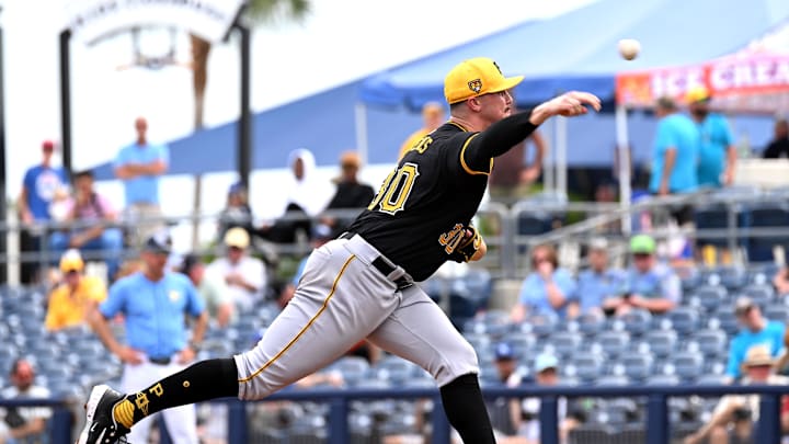 Mar 3, 2024; North Port, Florida, USA; Pittsburgh Pirates pitcher Paul Skenes (30) throws a pitch in