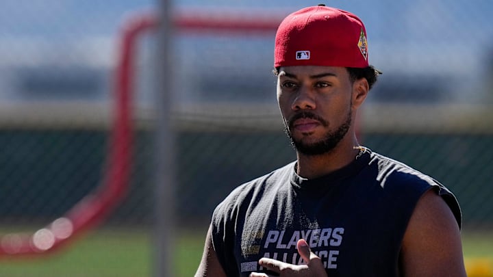 Cincinnati Reds pitcher Hunter Greene (21) watches live batting practice after his workout at the Cincinnati Reds player development complex in Goodyear, Ariz., on Saturday, Feb. 14, 2026.