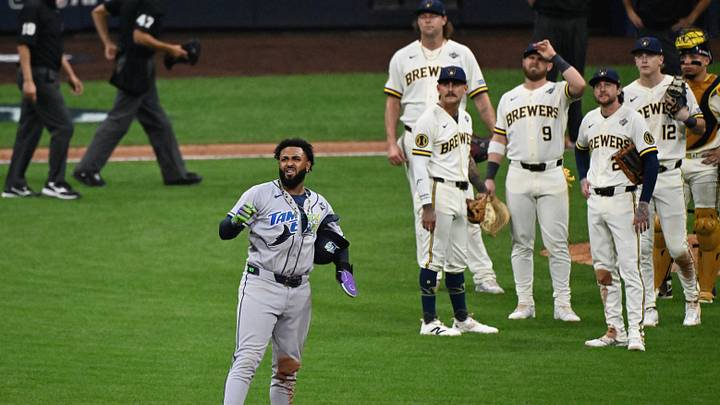 Oct 23, 2026; Milwaukee, Wisconsin, USA;  Tampa Bay Rays third baseman Junior Caminero (13) reacts to a replay during the ninth inning against the Milwaukee Brewers in game one of the 2026 World Series at American Family Field.  Mandatory Credit: Matt Marton-Imagn Images