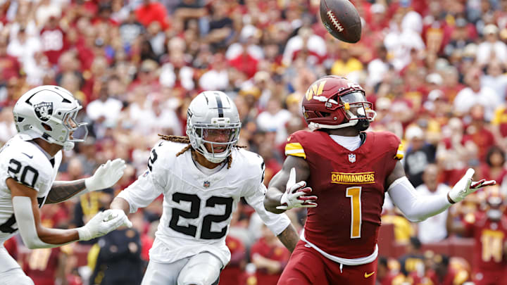 Sep 21, 2025; Landover, Maryland, USA; Washington Commanders wide receiver Deebo Samuel Sr. (1) runs to make a catch during the first half against Las Vegas Raiders cornerback Eric Stokes (22) at Northwest Stadium. Mandatory Credit: Amber Searls-Imagn Images Sep 21, 2025; Landover, Maryland, USA; Washington Commanders wide receiver Deebo Samuel Sr. (1) runs to make a catch during the first half against Las Vegas Raiders cornerback Eric Stokes (22) at Northwest Stadium. Mandatory Credit: Amber Searls-Imagn Images