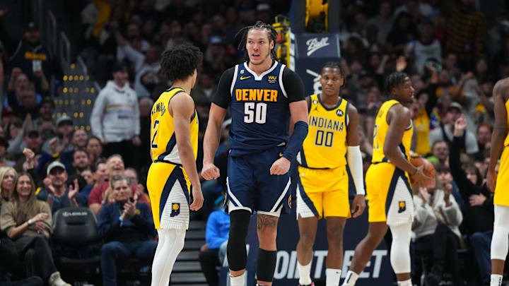 Jan 20, 2023; Denver, Colorado, USA; Denver Nuggets forward Aaron Gordon (50) reacts to his score in the second half against the Indiana Pacers at Ball Arena. Mandatory Credit: Ron Chenoy-Imagn Images
