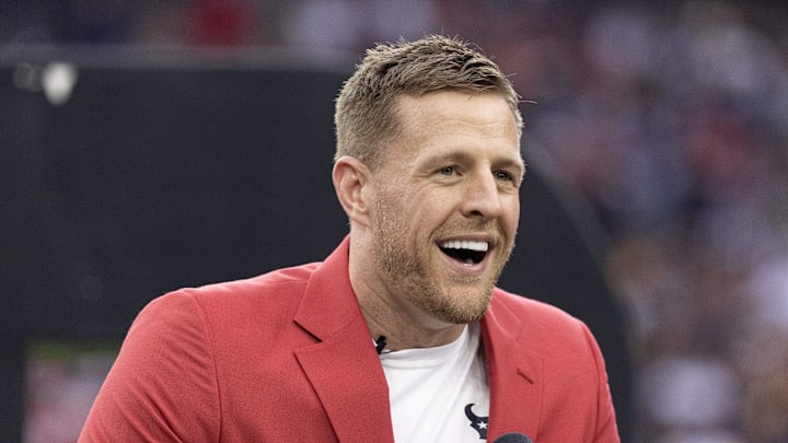 Oct 1, 2023; Houston, Texas, USA; Former Houston Texans JJ Watt speaks to the fans during his Ring Of Honor Ceremony at halftime during the game between the Texans and Pittsburgh Steelers at NRG Stadium. Mandatory Credit: Thomas Shea-Imagn Images