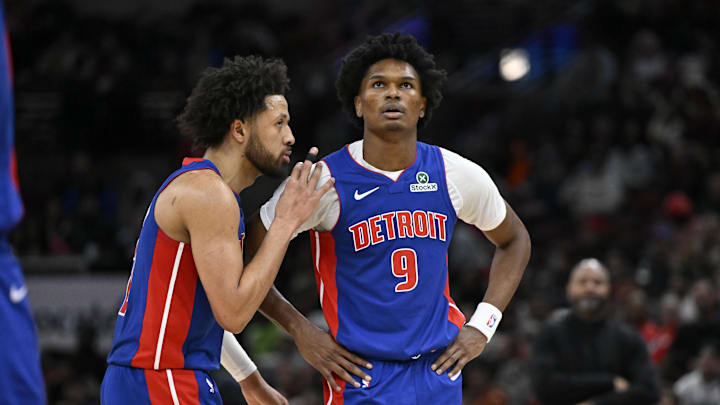 Feb 12, 2025; Chicago, Illinois, USA; Detroit Pistons guard Cade Cunningham (2) and forward Ausar Thompson (9) chat against the Chicago Bulls during the second half at the United Center. Mandatory Credit: Matt Marton-Imagn Images Feb 12, 2025; Chicago, Illinois, USA; Detroit Pistons guard Cade Cunningham (2) and forward Ausar Thompson (9) chat against the Chicago Bulls during the second half at the United Center. Mandatory Credit: Matt Marton-Imagn Images
