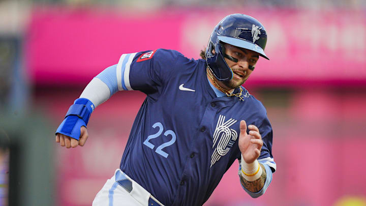 Sep 19, 2025; Kansas City, Missouri, USA; Kansas City Royals catcher Carter Jensen (22) rounds third base during the first inning against the Toronto Blue Jays at Kauffman Stadium. Mandatory Credit: Jay Biggerstaff-Imagn Images