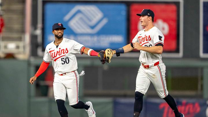 May 8, 2024; Minneapolis, Minnesota, USA; Minnesota Twins center fielder Willi Castro (50) celebrates with right fielder Max Kepler (26) after defeating the Seattle Mariners at Target Field. Mandatory Credit: Jesse Johnson-USA TODAY Sports May 8, 2024; Minneapolis, Minnesota, USA; Minnesota Twins center fielder Willi Castro (50) celebrates with right fielder Max Kepler (26) after defeating the Seattle Mariners at Target Field. Mandatory Credit: Jesse Johnson-USA TODAY Sports