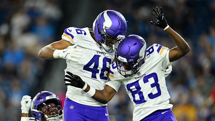 Aug 22, 2025; Nashville, Tennessee, USA;  Minnesota Vikings tight end Bryson Nesbit (46) celebrates his touchdown with wide receiver Silas Bolden (83) against the Tennessee Titans during the second half at Nissan Stadium. Mandatory Credit: Steve Roberts-Imagn Images