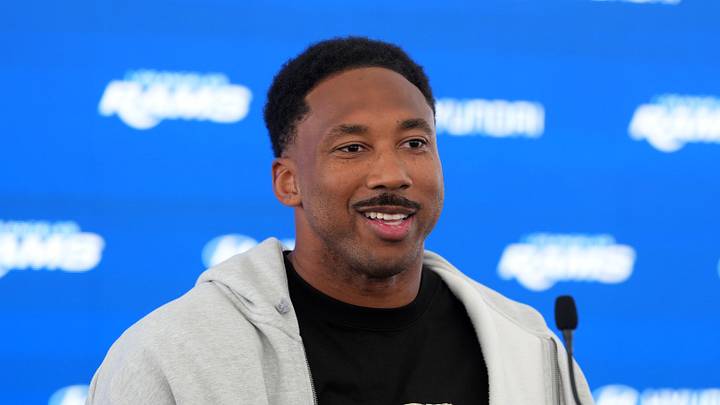 Jun 2, 2026; Woodland Hills, CA, USA; Los Angeles Rams defensive end Myles Garrett at press conference at Rams Practice Facility. Mandatory Credit: Kirby Lee-Imagn Images