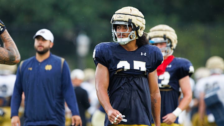 Notre Dame linebacker Kyngstonn Viliamu-Asa participates in a drill during a Notre Dame football practice at Irish Athletic Center on Tuesday, Aug. 6, 2024, in South Bend.