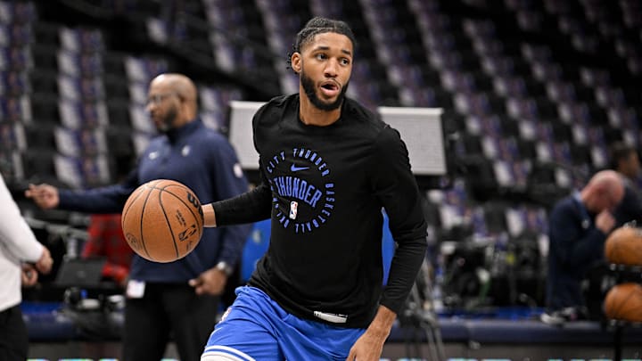 Jan 17, 2025; Dallas, Texas, USA; Oklahoma City Thunder guard Isaiah Joe (11) warms up before the game between the Dallas Mavericks and the Oklahoma City Thunder at the American Airlines Center. Mandatory Credit: Jerome Miron-Imagn Images Jan 17, 2025; Dallas, Texas, USA; Oklahoma City Thunder guard Isaiah Joe (11) warms up before the game between the Dallas Mavericks and the Oklahoma City Thunder at the American Airlines Center. Mandatory Credit: Jerome Miron-Imagn Images