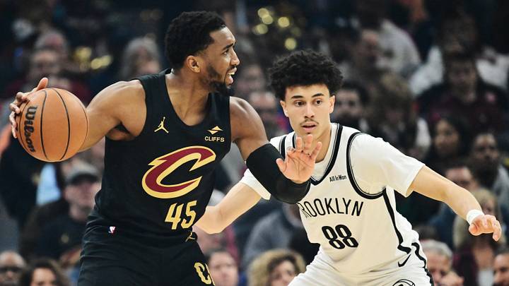 Feb 19, 2026; Cleveland, Ohio, USA; Brooklyn Nets guard Nolan Traore (88) defends Cleveland Cavaliers guard Donovan Mitchell (45) during the first quarter at Rocket Arena. Mandatory Credit: Ken Blaze-Imagn Images Feb 19, 2026; Cleveland, Ohio, USA; Brooklyn Nets guard Nolan Traore (88) defends Cleveland Cavaliers guard Donovan Mitchell (45) during the first quarter at Rocket Arena. Mandatory Credit: Ken Blaze-Imagn Images