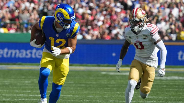 Sep 11, 2026; Melbourne, AUS; Los Angeles Rams wide receiver Puka Nacua (12) makes a catch over San Francisco 49ers cornerback Renardo Green (0) in the first half at Melbourne Cricket Ground. Mandatory Credit: Kirby Lee-Imagn Images Sep 11, 2026; Melbourne, AUS; Los Angeles Rams wide receiver Puka Nacua (12) makes a catch over San Francisco 49ers cornerback Renardo Green (0) in the first half at Melbourne Cricket Ground. Mandatory Credit: Kirby Lee-Imagn Images