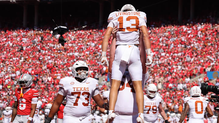 Aug 30, 2025; Columbus, Ohio, USA; Texas Longhorns wide receiver Parker Livingstone (13) reacts after scoring a touchdown against the Ohio State Buckeyes in the second half at Ohio Stadium.