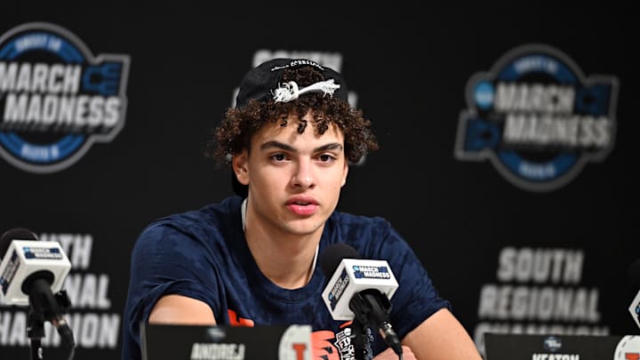 Mar 28, 2026; Houston, TX, USA; Illinois Fighting Illini guard Keaton Wagler (23) speaks in a press conference after defeating the Iowa Hawkeyes in an Elite Eight game of the South Regional of the men's 2026 NCAA Tournament at Toyota Center. Mandatory Credit: Maria Lysaker-Imagn Images