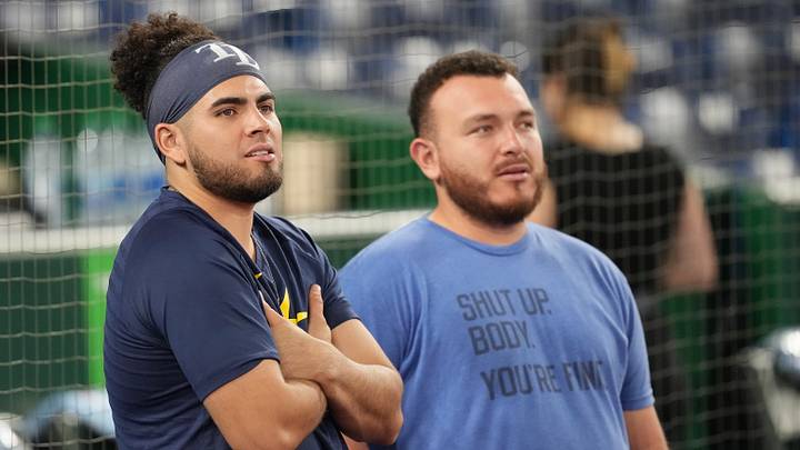 Sep 29, 2023; Toronto, Ontario, CAN; Tampa Bay Rays second baseman Jonathan Aranda (62) talks with Toronto Blue Jays catcher Alejandro Kirk (30) during batting practice before a game at Rogers Centre. Mandatory Credit: Nick Turchiaro-USA TODAY Sports