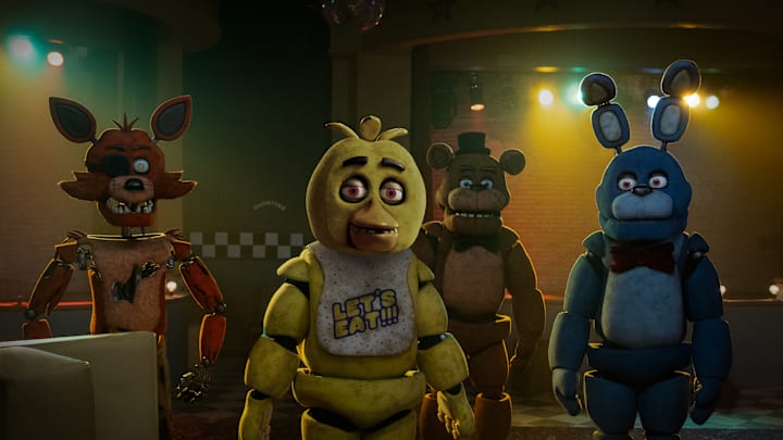 (from left) Foxy, Chica, Freddy Fazbear, and Bonnie in Five Nights at Freddy's, directed by Emma Tammi.