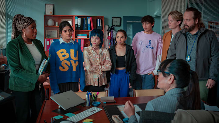 Heartbreak High S2. (L to R) Chika Ikogwe as Jojo, Ayesha Madon as Amerie, Gemma Chua-Tran as Sasha, Sherry-Lee Watson as Missy, Brodie Townsend as Ant, Bryn Chapman Parish as Spider, Angus Sampson as Voss in Heartbreak High S2. Cr. Courtesy of Netflix © 2024