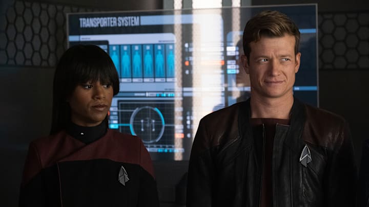 Ashlei Sharpe Chestnut as Sidney La Forge and Ed Speleers as Jack Crusher in "The Bounty" Episode 306, Star Trek: Picard on Paramount+. Photo Credit: Trae Patton/Paramount+. ©2021 Viacom, International Inc. All Rights Reserved.